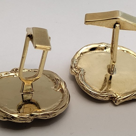 1950's Wood Design 14k Yellow Gold 585 Chrysoprase Cufflinks 14.7g - Picture 5 of 9
